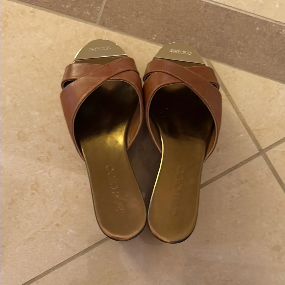 Jimmy Choo Brown and Gold Mules - Picture 2 of 8